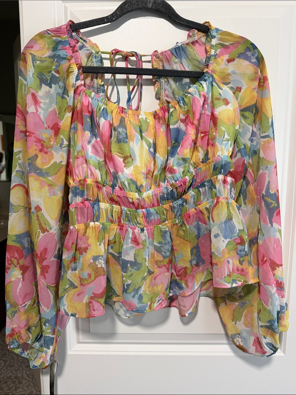 Floral Smocked Waist Sheer Blouse - Pink Multi